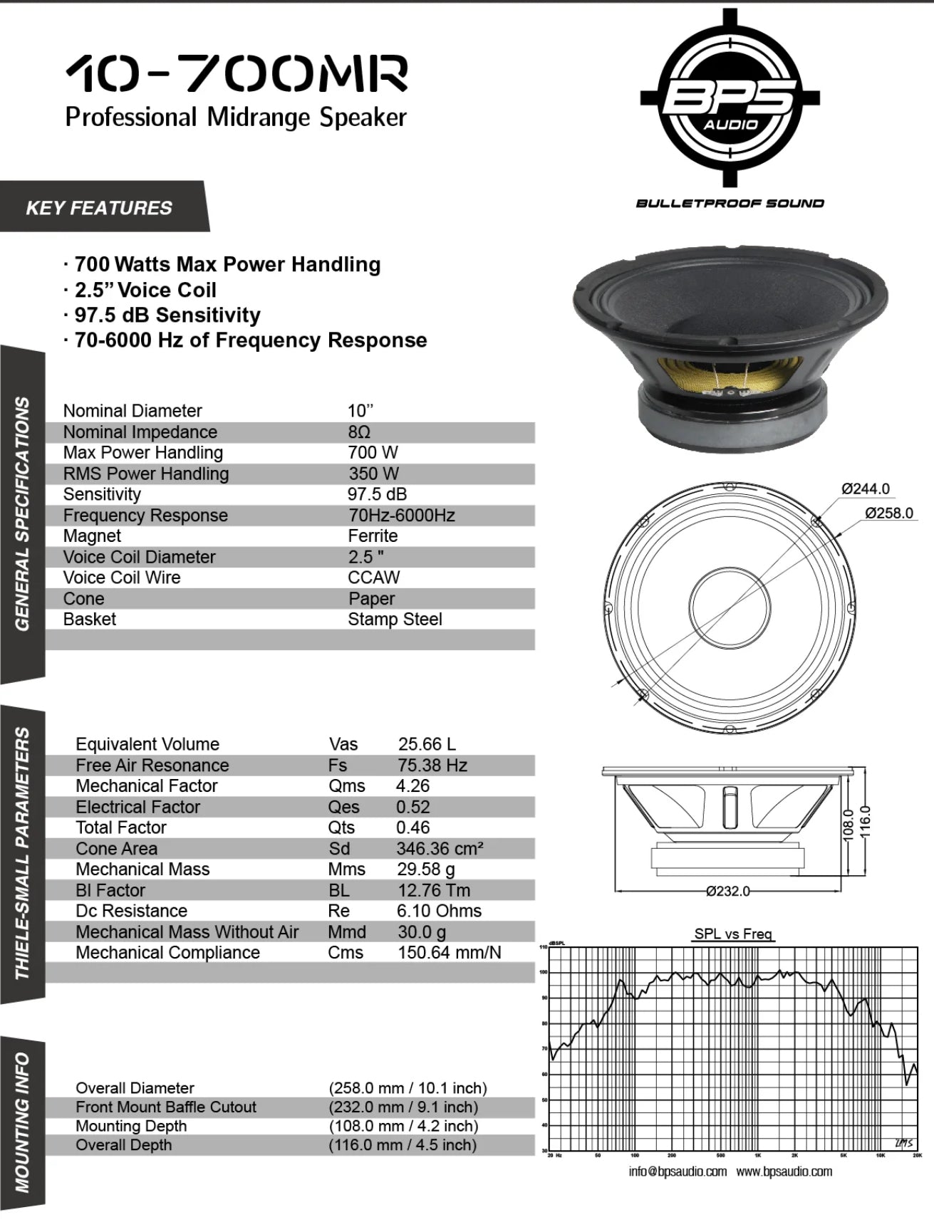 BPS 10" Midrange Speaker 10-700MR